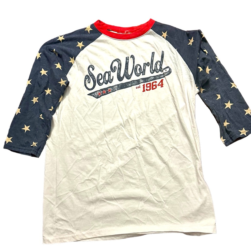 Sea World USA, patriotic, 4th of July, baseball style shirt, quarter sleeves M